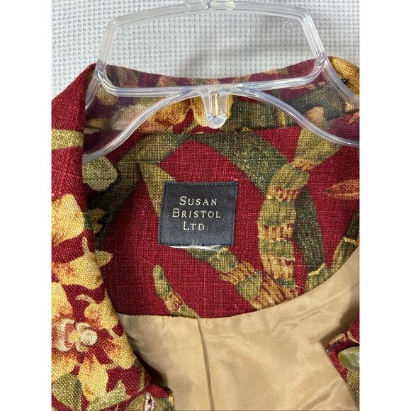 Susan Bristol Floral Linen Blend Jacket Red Gold Green Botanical Blazer L - Picture 5 of 14